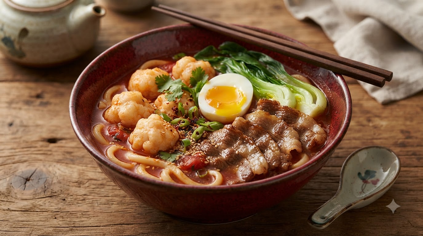 Zupa Udon z Pomidorami i Wołowiną oraz Domowymi Kulkami Krewetkowymi