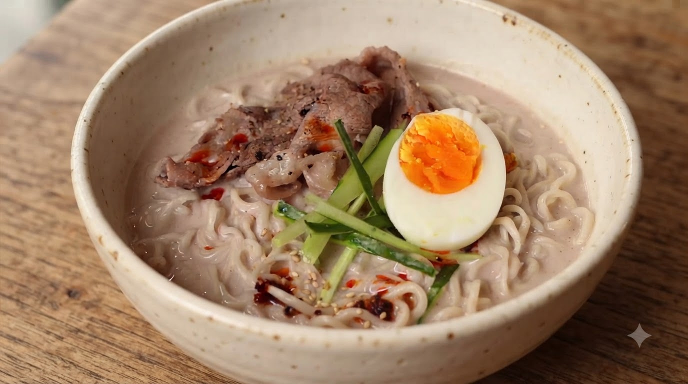 Kremowy Makaron z Miso, Mlekiem Sojowym i Wołowiną Wagyu