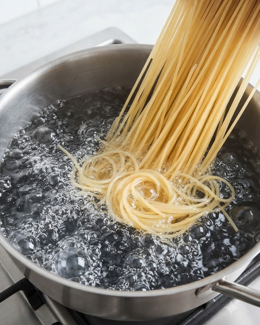 Pęczek świeżego makaronu ramen wkładany do garnka z mocno wrzącą wodą pełną bąbelków.