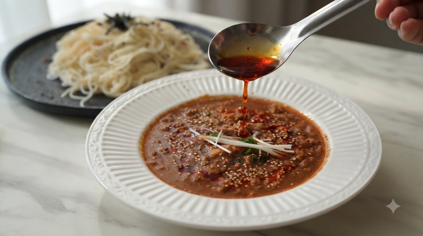 Łyżka jasnoczerwonego oleju chili polewana po bogatym sosie mięsnym z miso i mlekiem sojowym