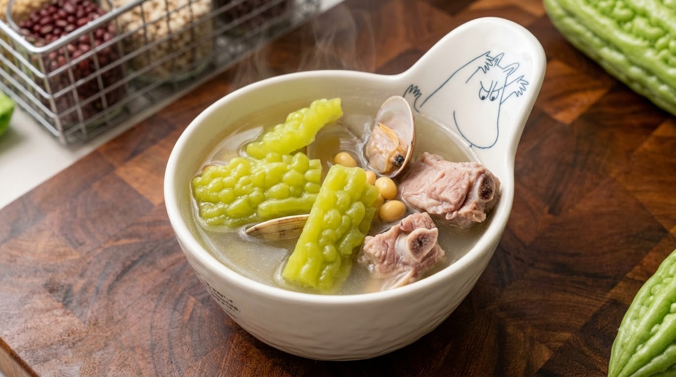 Zupa z melona gorzkiego, małży, soi i żeberek wieprzowych