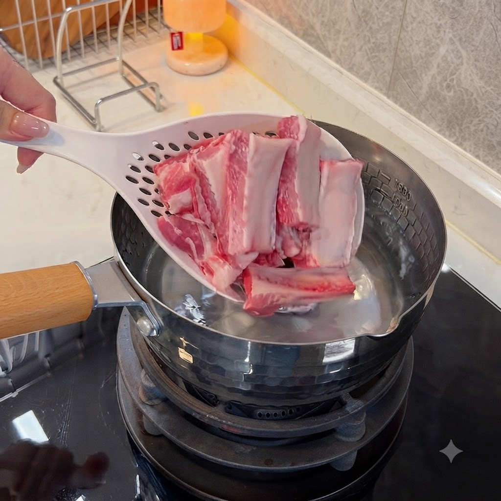 Łyżka cedzakowa zanurzająca surowe kawałki żeberek w garnku ze stali nierdzewnej wypełnionym zimną wodą.