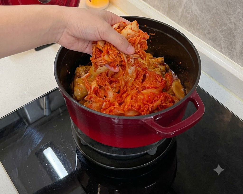 Dłoń układająca dużą porcję jaskrawoczerwonego kimchi na żeberkach w garnku.