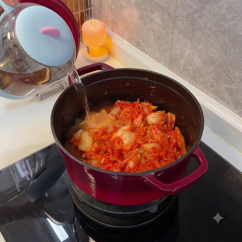 Wlewanie czystej gorącej wody ze szklanego czajnika do czerwonego garnka wypełnionego kimchi.