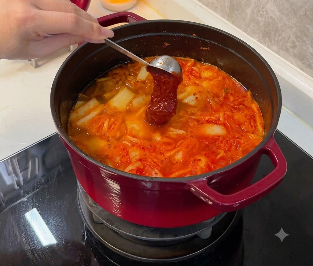 Łyżka z gęstą, czerwoną pastą gochujang zanurzana w bulgoczącym garnku z gulaszem kimchi.