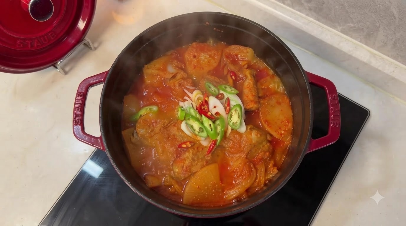 Bulgoczący garnek pikantnego koreańskiego gulaszu z kimchi i żeberkami, udekorowany świeżymi papryczkami chili i krążkami dymki.