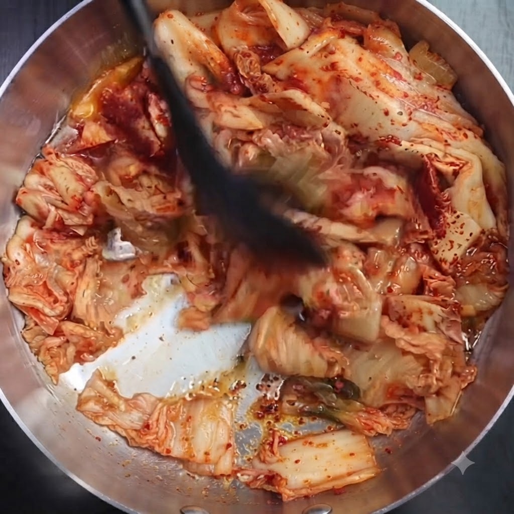 Kimchi i płatki chili smażone w garnku i mieszane łopatką.