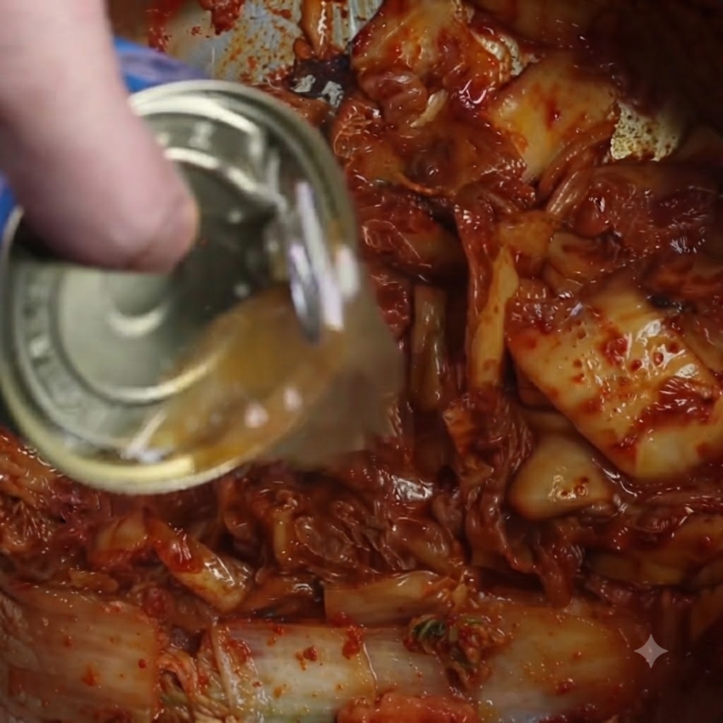 Płyn z puszki rybnej przelewany do garnka z usmażonym kimchi.