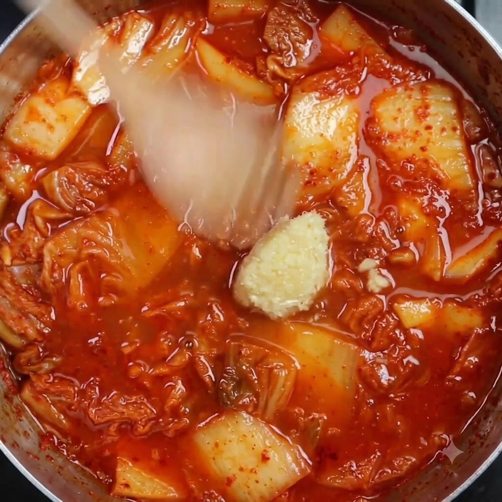 Posiekany czosnek i płynne przyprawy gotujące się w czerwonym bulionie z kimchi.