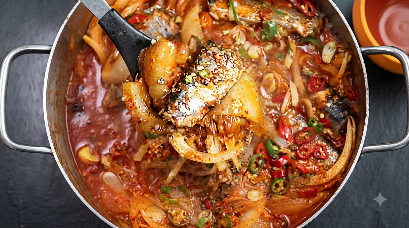 Duszona sajra po koreańsku z kimchi (Kkongchi Kimchi Jjim)