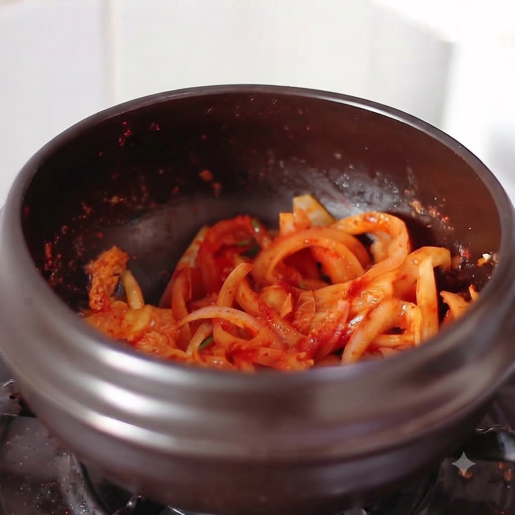 Podsmażone kimchi z cebulą w czarnym naczyniu po dodaniu płynów.