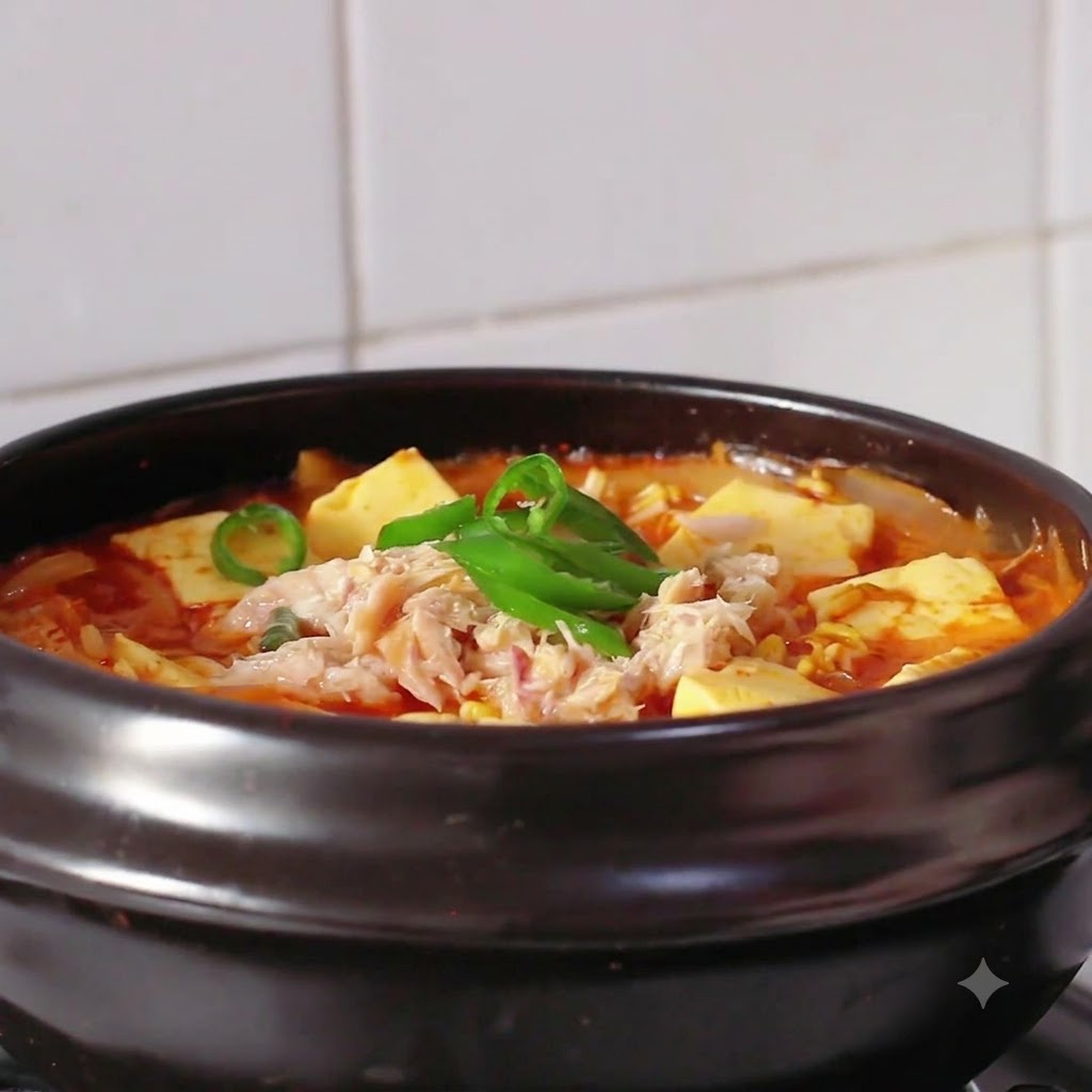 Gorąca miska zupy kimchi z tofu, udekorowana plasterkami chili i sezamem.