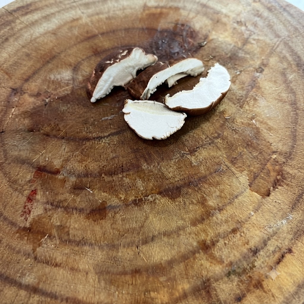 Cienko pokrojone świeże grzyby shiitake leżące na drewnianej desce do krojenia.