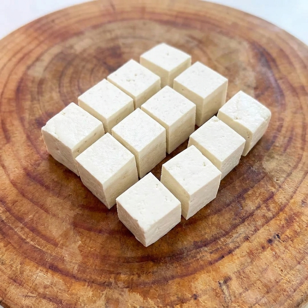 Idealnie pokrojone białe kostki tofu ułożone schludnie na drewnianej desce do krojenia.