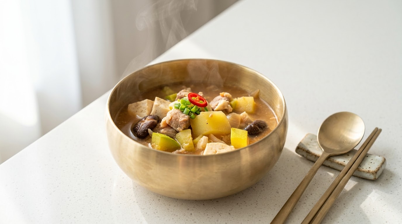 Autentyczne koreańskie Doenjang Jjigae (Gulasz z pastą sojową)