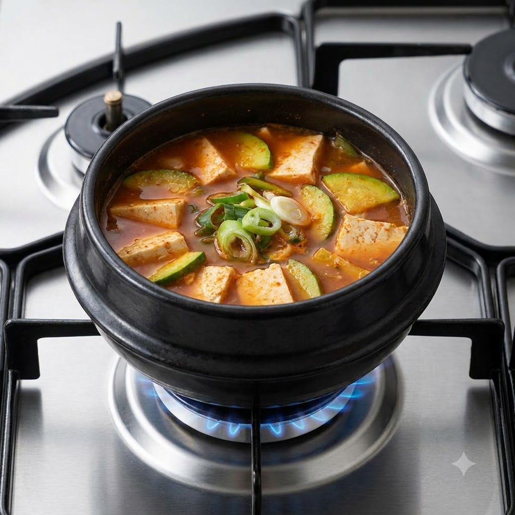 Zbliżenie garnka wypełnionego zupą zawierającą pokrojoną cukinię, tofu oraz centralny kopczyk posiekanej zielonej cebulki i chili.