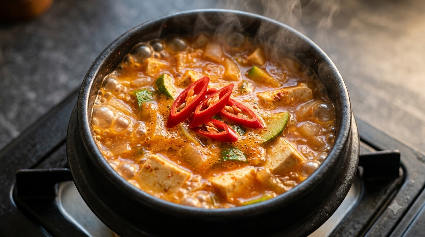 Koreańskie gęste i pikantne stew z pastą sojową na kaca (Doenjang Jjigae)