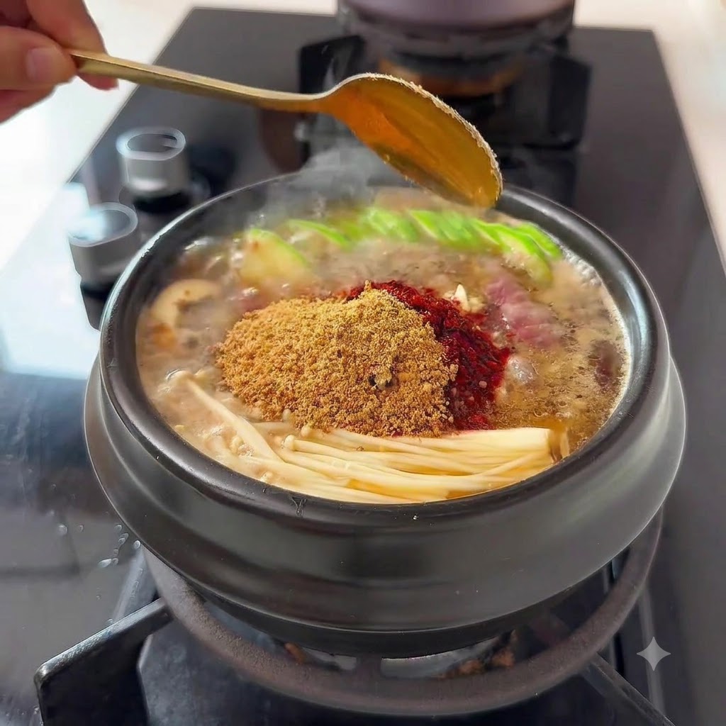 Pokrojona zielona i czerwona papryczka chili wsypywana do duszącego się gulaszu.