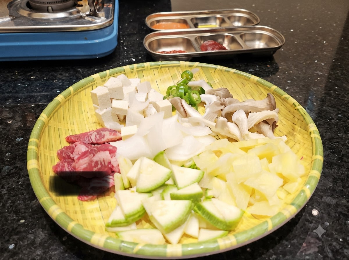 Okrągła pleciona taca wypełniona przygotowanymi składnikami: tofu w kostkach, pokrojoną cukinią, grzybami, ziemniakami, zieloną papryką i kawałkami surowej wołowiny.