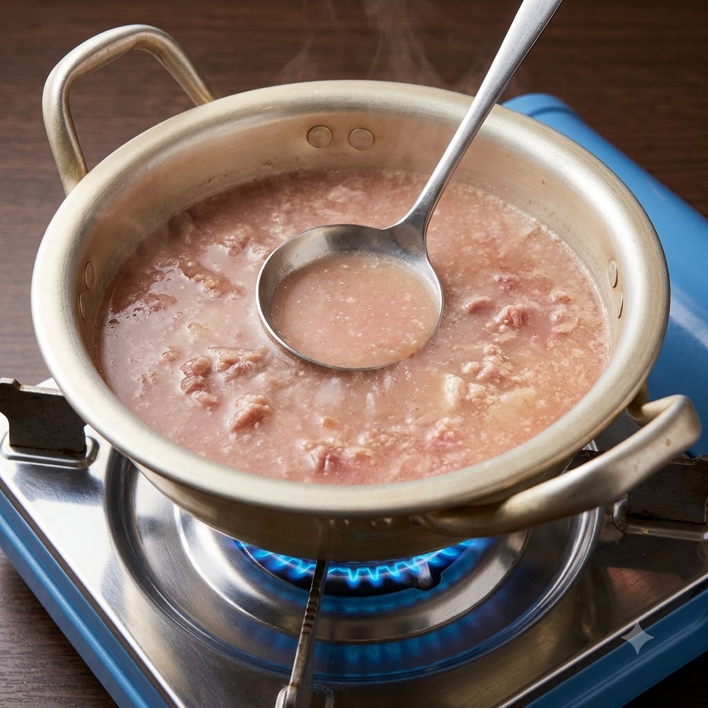 Chochla mieszająca pastę sojową i pastę chili w gotującym się bulionie z ugotowaną wołowiną w metalowym garnku.