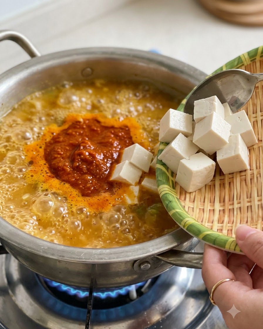 Kawałki białego tofu zsuwane z małej plecionej tacy do mocno wrzącego garnka z koreańską zupą sojową.