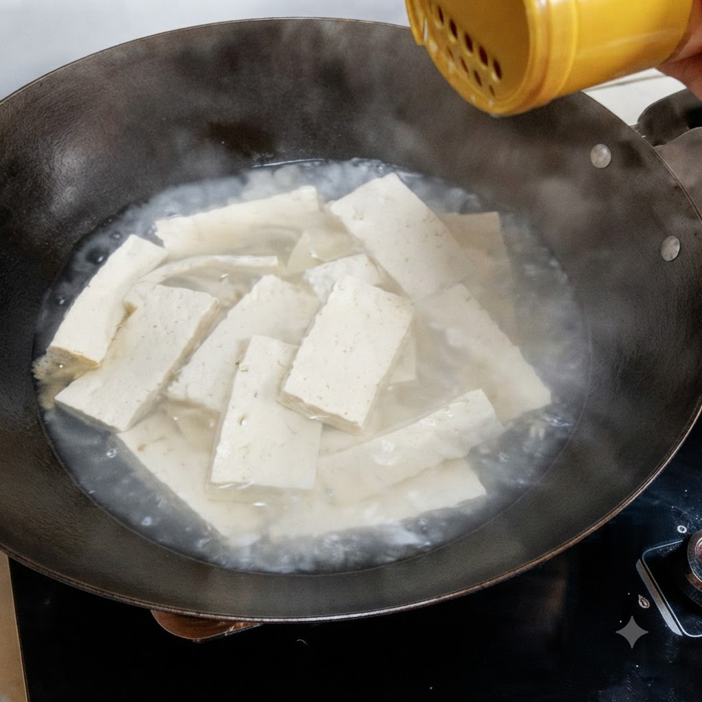 Przyprawy wsypywane z żółtego pojemnika do woka z gotującym się tofu.
