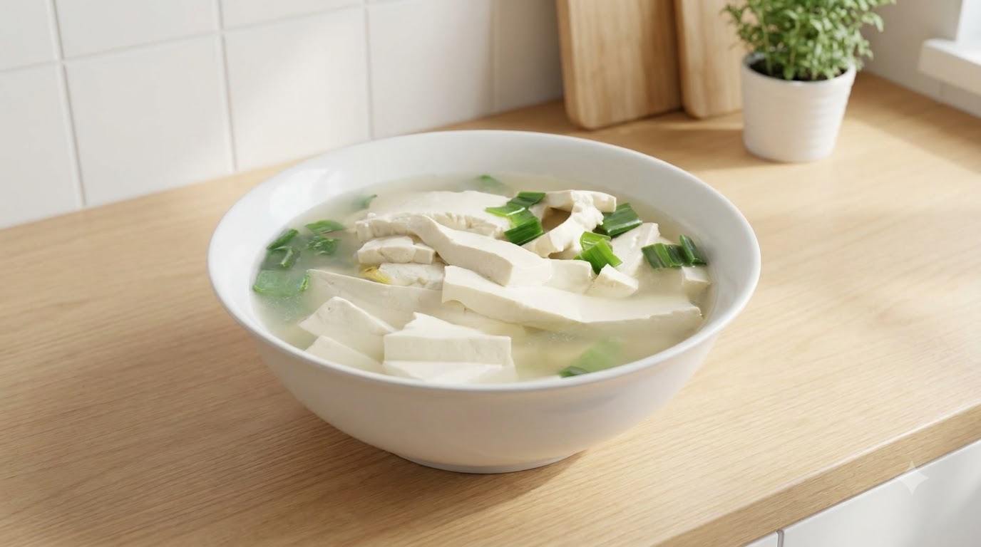 Rozgrzewająca miska czystej zupy z tofu udekorowana świeżym, zielonym szczypiorem.