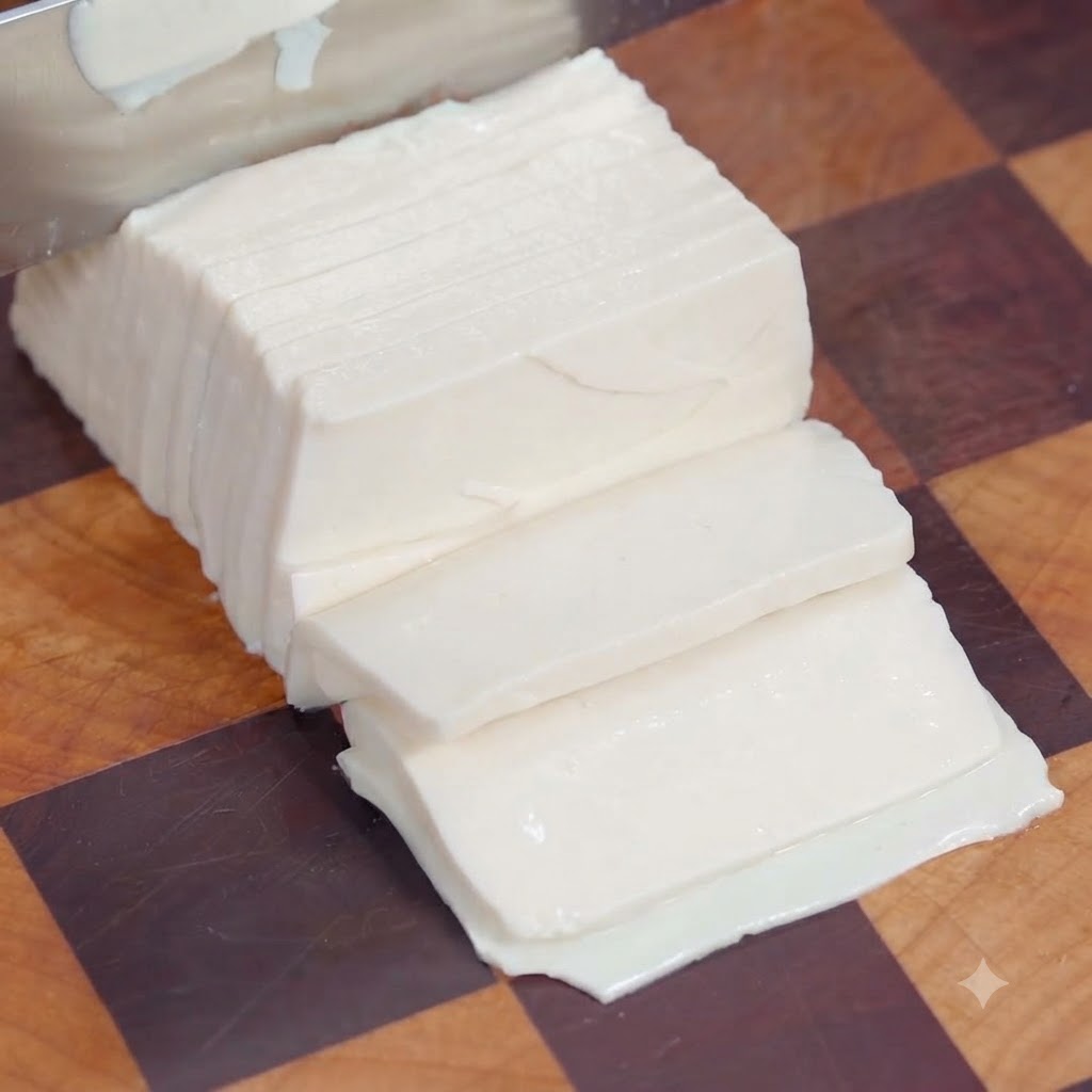 Tofu cięte na cienkie plasterki i słupki na drewnianej desce do krojenia.