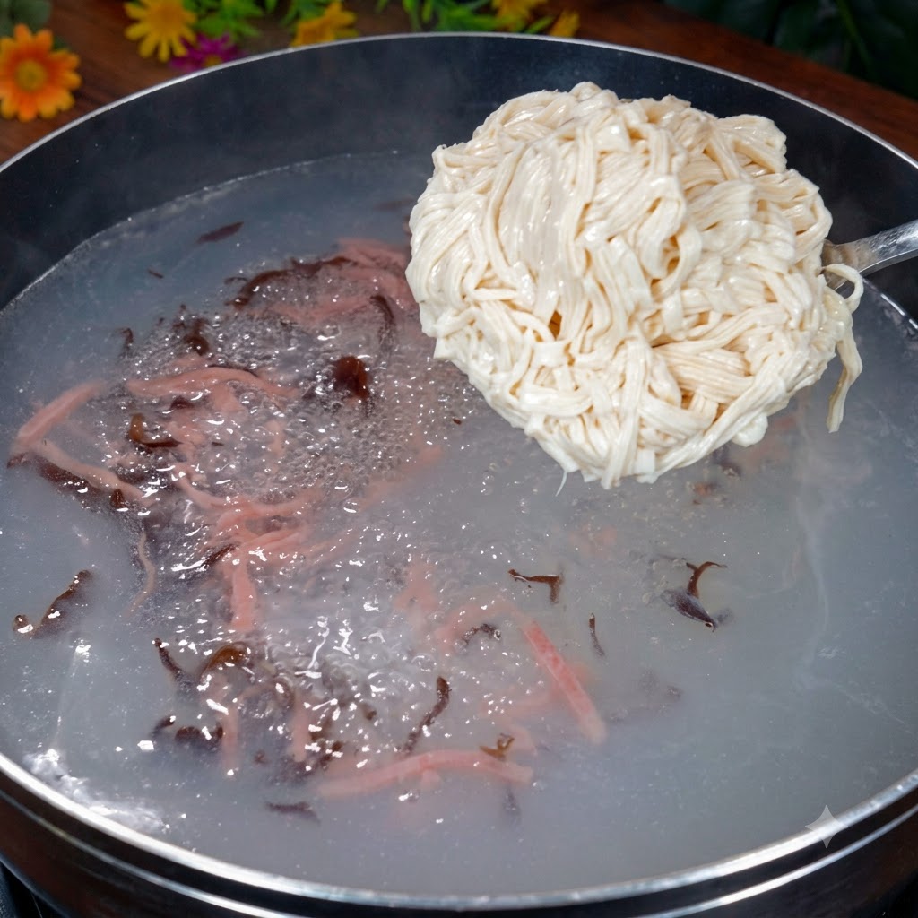 Pokrojone tofu dodane do gotującego się garnka i delikatnie mieszane chochelką.