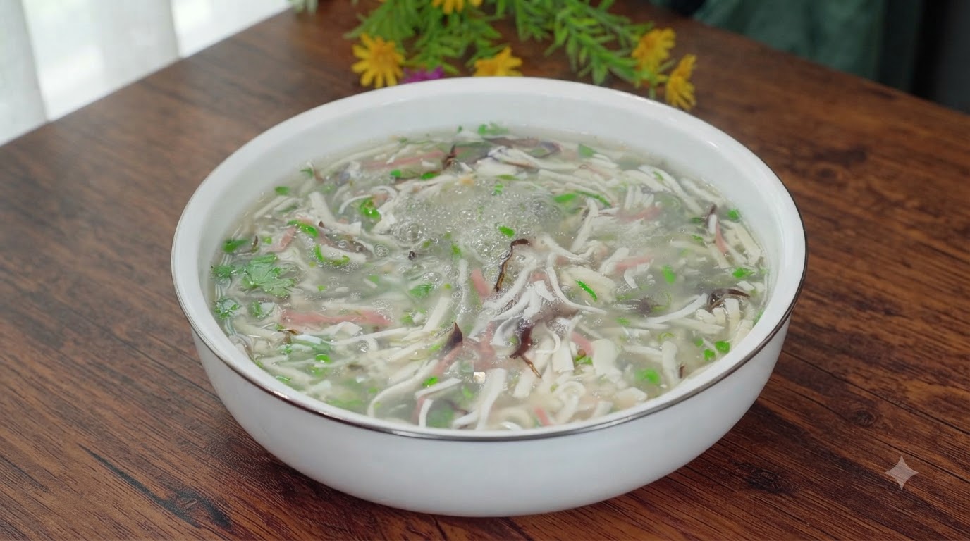 Zupa z tofu, grzybami mun i szynką