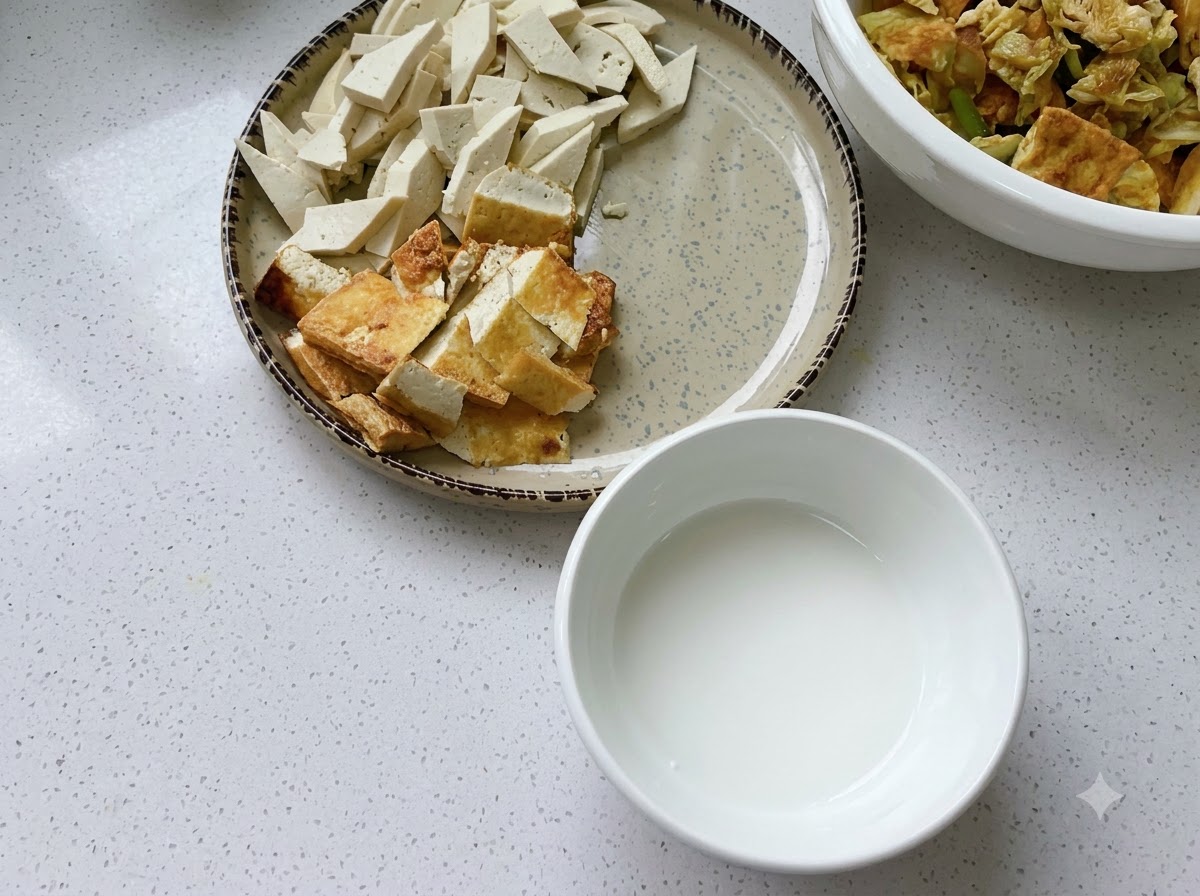 Talerze z pokrojonym zwykłym tofu, smażonym tofu, stuletnim jajkiem, ziołami i miseczką zawiesiny ze skrobi wodnej na blacie.