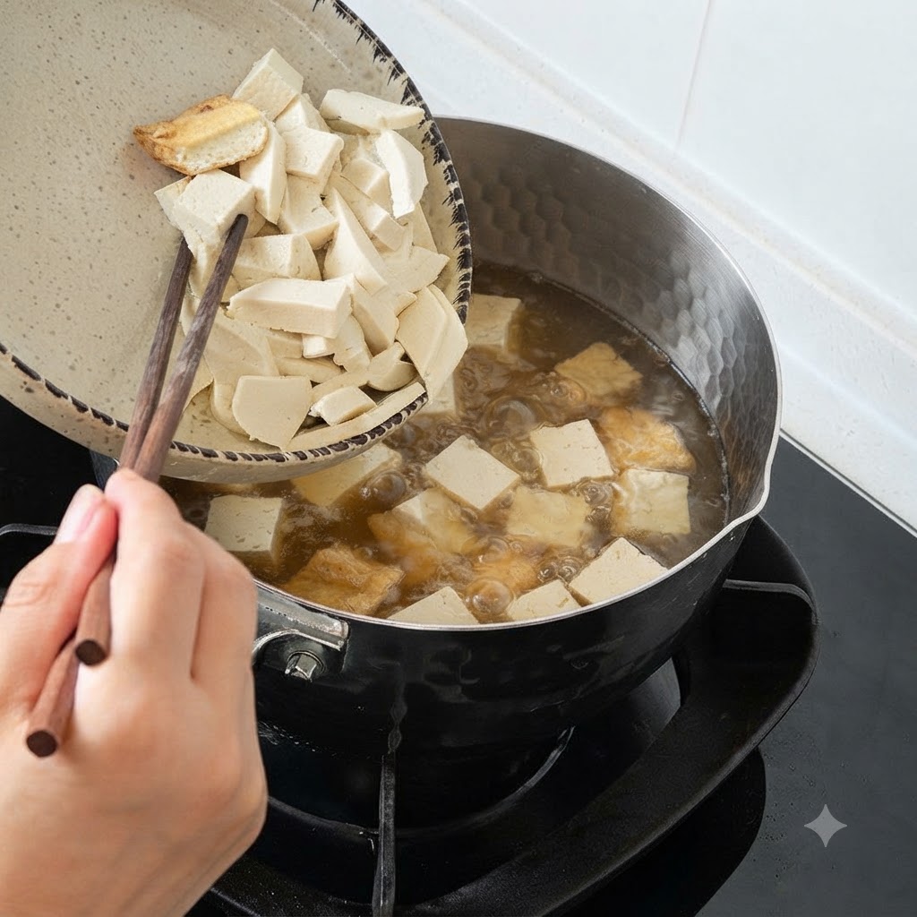 Pałeczki zsuwające pokrojone tofu i grzyby mun z talerza do garnka z wrzącą zupą.