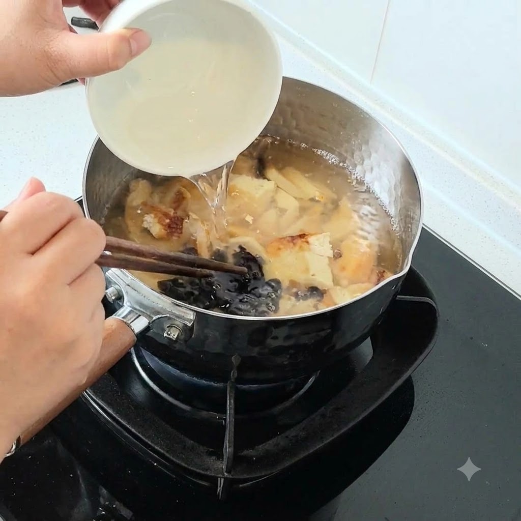 Sos sojowy wlewany z małej miseczki do garnka z gotującą się zupą, tofu i grzybami.