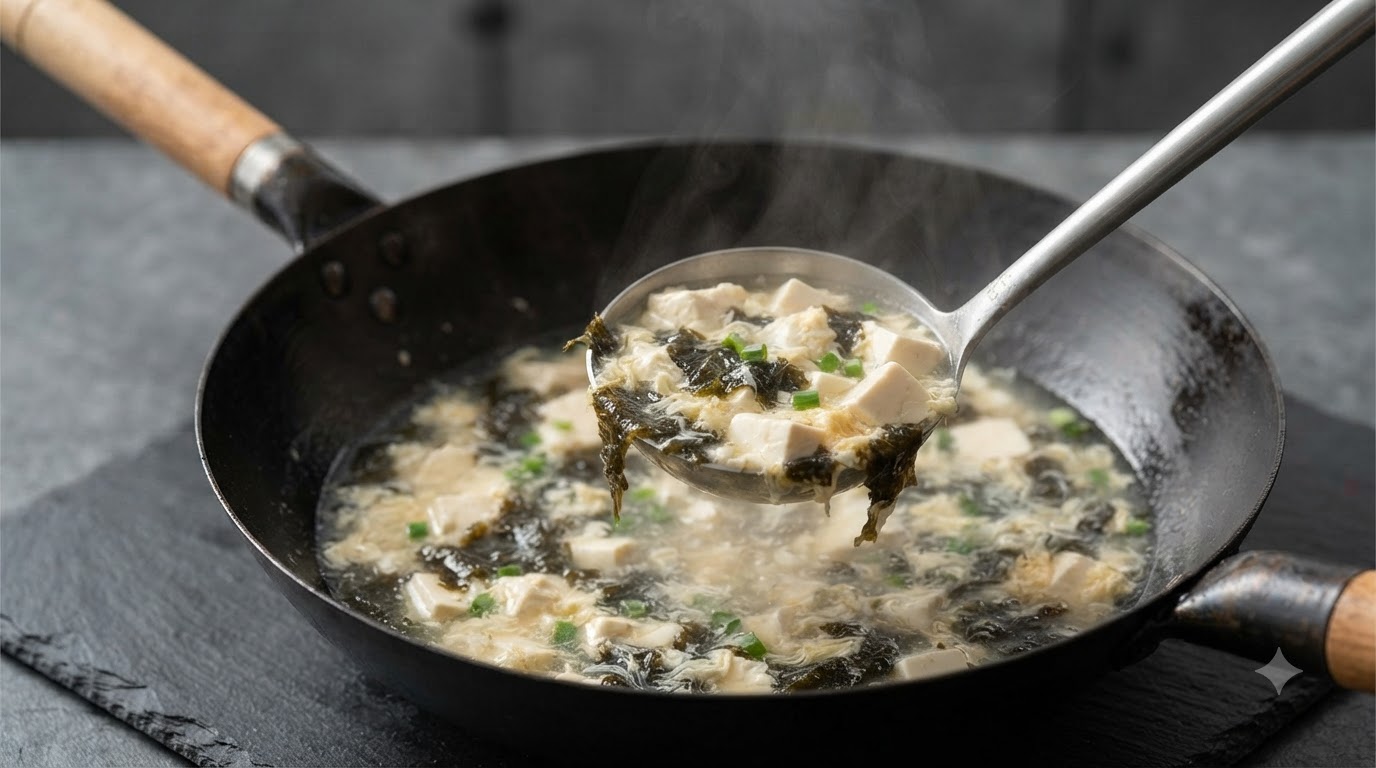 Aksamitna zupa z miękkim tofu, jajkiem i wodorostami