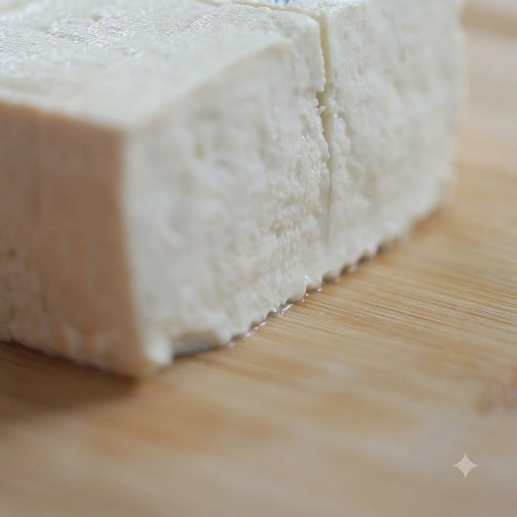 Blok zwartego tofu krojony na małe kostki na drewnianej desce do krojenia za pomocą ostrego noża kuchennego.