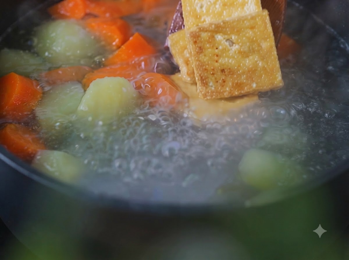 Podsmażone kawałki tofu układane drewnianą łopatką do gotującego się garnka z ziemniakami i marchewką.