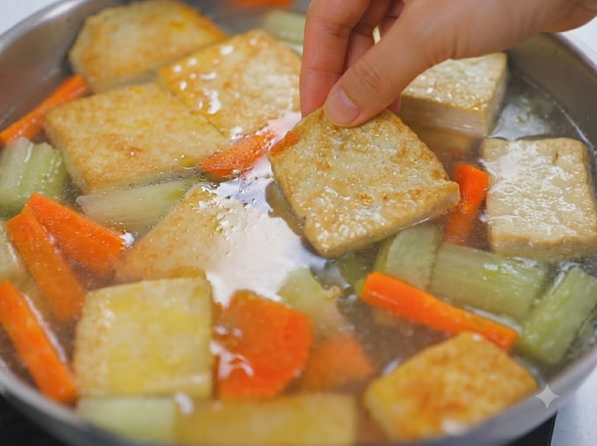 Dłoń wkładająca złocisty kawałek tofu do bulgoczącego garnka z bulionem curry i warzywami.