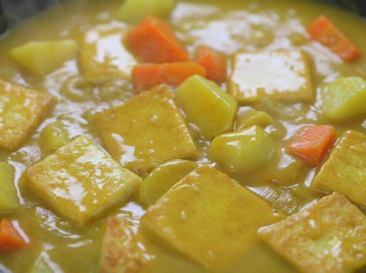 Gęsty i bogaty sos curry duszący się z tofu, ziemniakami i marchewką na patelni.