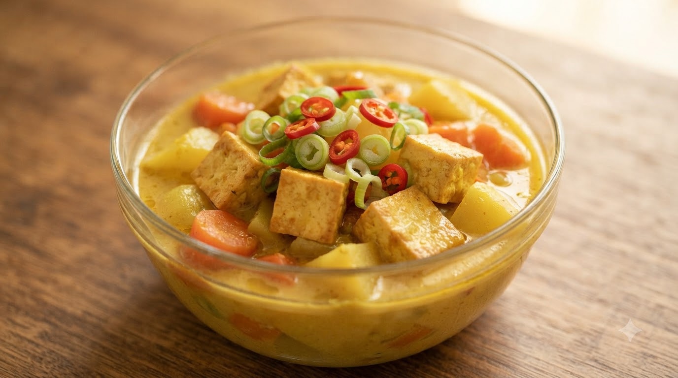 Apetyczna miska curry z tofu, posypana świeżą zieloną cebulką i plasterkami czerwonej papryczki chili.