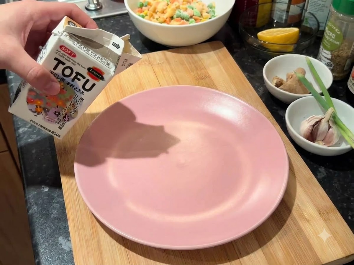 Kartonik z miękkim tofu wysypywany na różowy talerz leżący na drewnianej desce do krojenia.