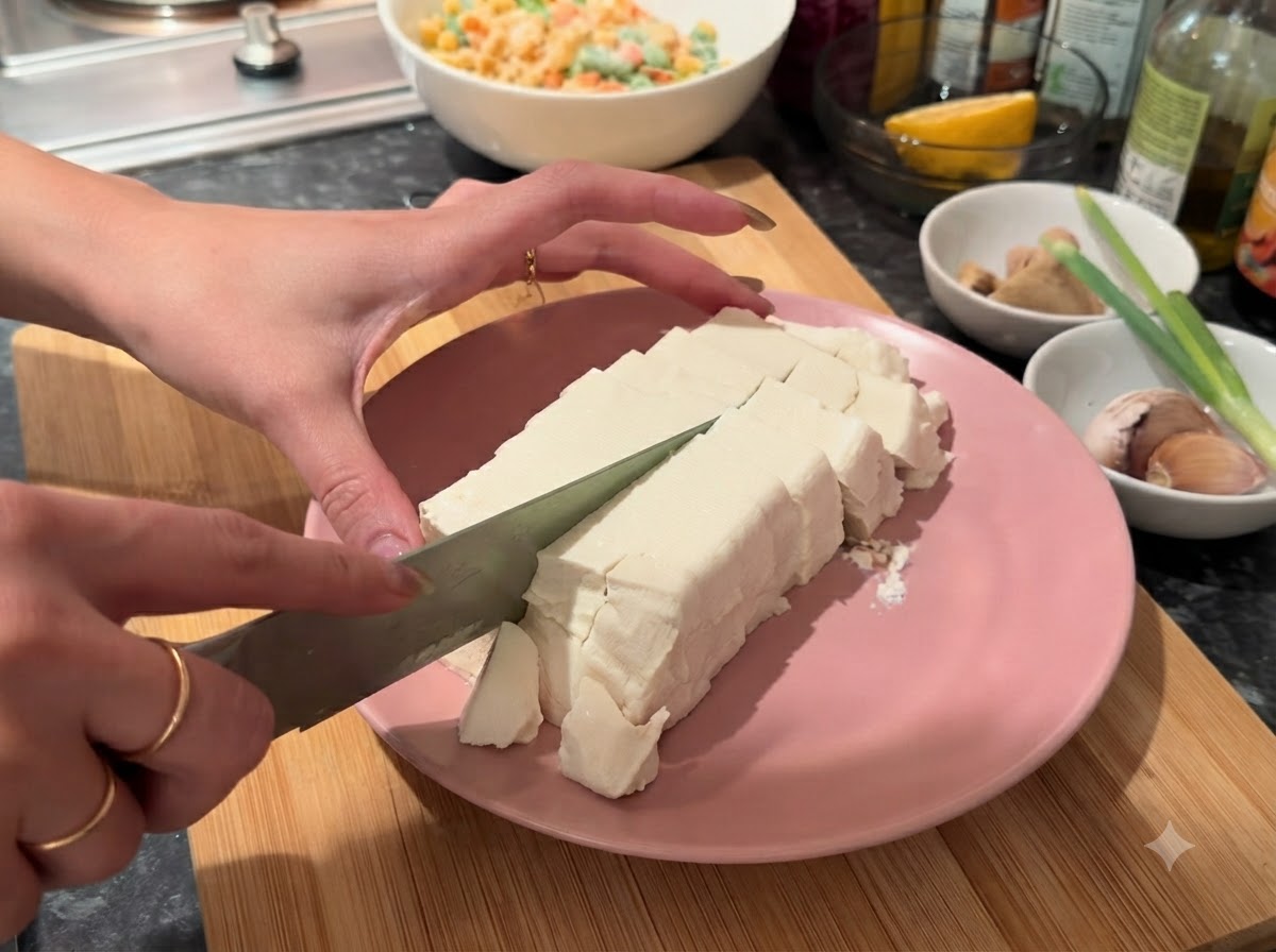 Miękkie tofu krojone na małe kostki za pomocą noża na różowym talerzu.