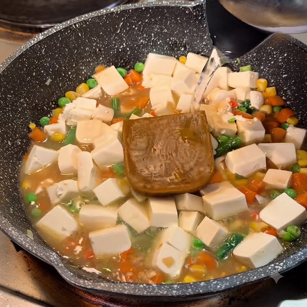 Gorąca woda wlewana z czajnika na patelnię z tofu, warzywami i blokiem roux curry.