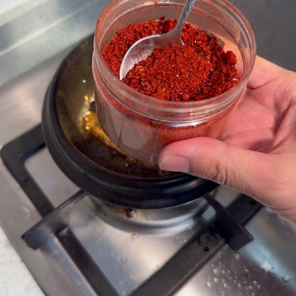 Pojemnik zawierający jaskrawo czerwoną paprykę chili z łyżką, zawieszony nad garnkiem do gotowania.