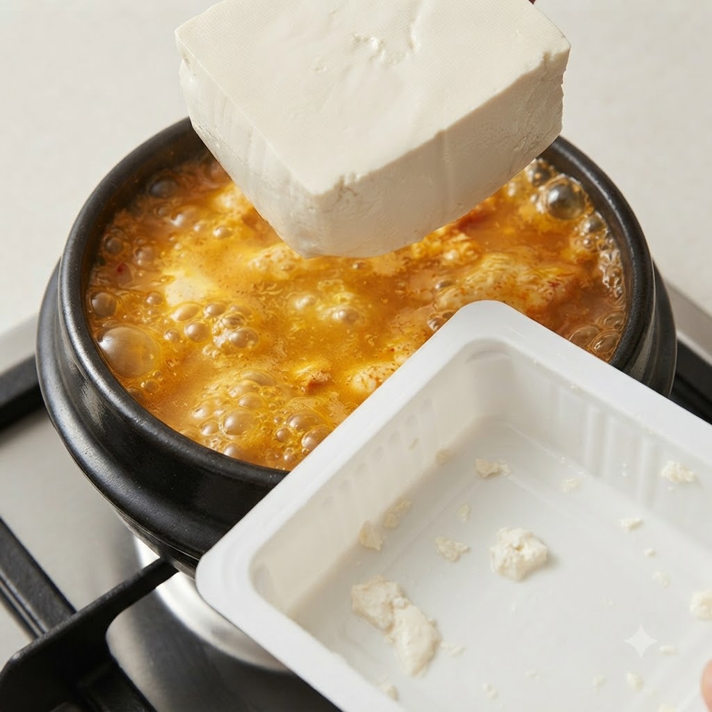 Kostka miękkiego tofu dodawana do gotującego się gulaszu obok pojemnika opakowania.