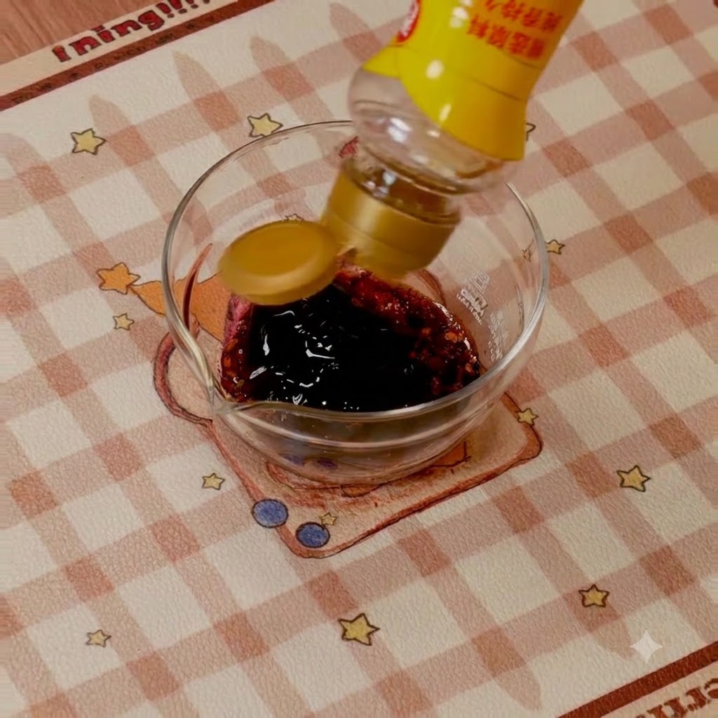 Wlewanie ciemnego sosu do małej szklanej miseczki zawierającej koreańską pastę chili.