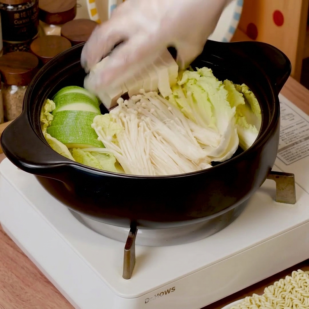Świeża młoda kapusta napa, grzyby enoki, cukinia i tofu układane warstwami w czarnym garnku.