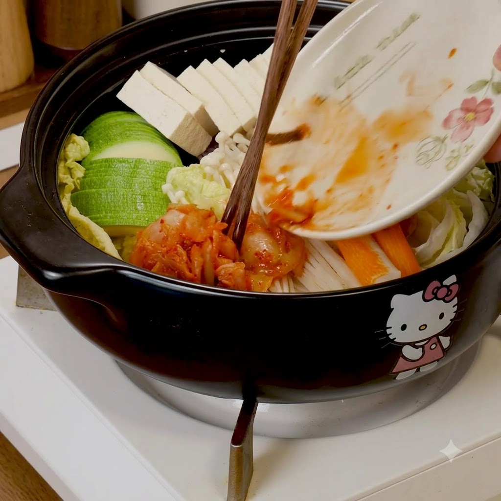Używanie pałeczek do przełożenia posiekanego kimchi z talerza do garnka wypełnionego cukinią, tofu, grzybami enoki i paluszkami krabowymi.