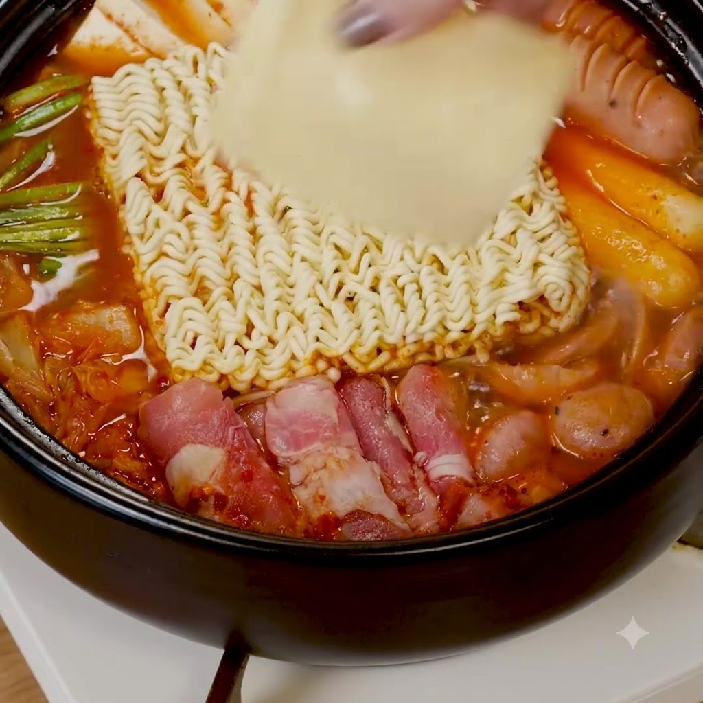 Kostka suchego makaronu ramen i plaster serka umieszczane w czerwonym bulionie.