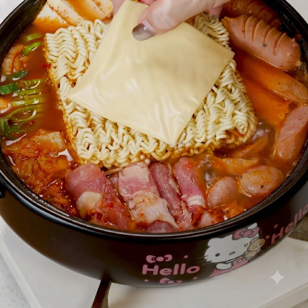 Surowe jajko wbijane na wierzch makaronu ramen i sera w garnku.