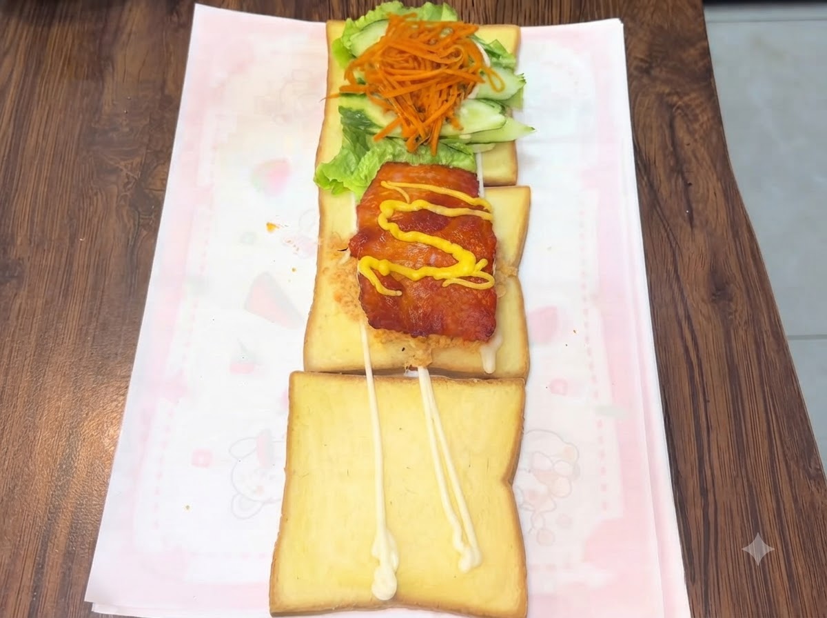 Wyciskanie żółtej musztardy miodowej i czerwonego ketchup w zygzakowate linie na wierzchu kotleta z kurczaka.